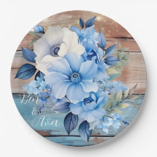 Prato De Papel Casamento Floral das Luzes de Madeira Azul Tan