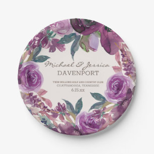 Prato De Papel Casamento Floral de Aquarela Roxo Lilás