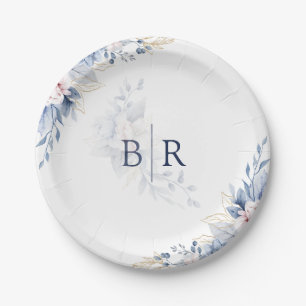 Prato De Papel Casamento Floral de Cor Azul Elegante