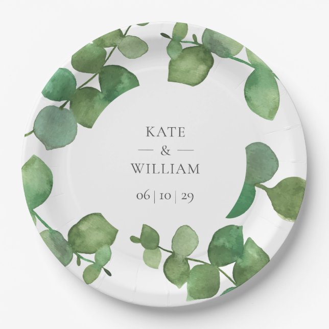 Prato De Papel Casamento Floral de Eucalipto Boho (Frente)