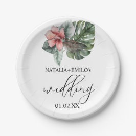 Prato De Papel Casamento Floral de Folha de Monstera em Aquarela