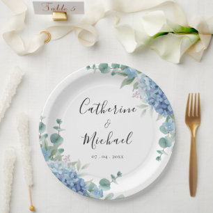 Prato De Papel Casamento Floral de Hortênsia Azul