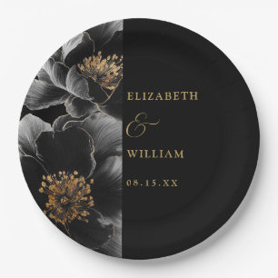 Prato De Papel Casamento Floral de Luxo Preto e Dourado