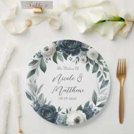 Prato De Papel Casamento Floral de Marfim Elegante e marinho Azul