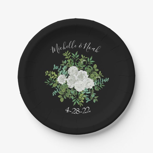 Prato De Papel Casamento Floral de Rosa Negra e Branca (Frente)