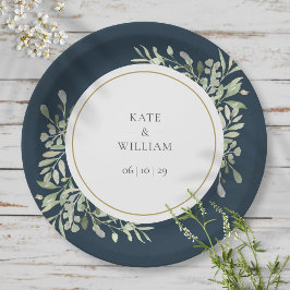 Prato De Papel Casamento Floral de Verde Moderno Azul Marinho