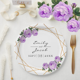 Prato De Papel Casamento Floral Dourado Elegante Geo Purple