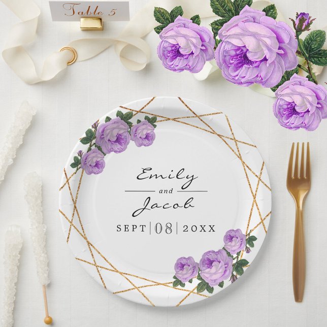 Prato De Papel Casamento Floral Dourado Elegante Geo Purple (Elegant Gold Glitter Geo Purple Floral Wedding Paper Plates)