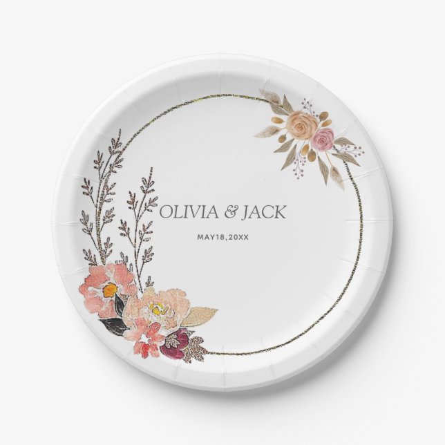 Prato De Papel Casamento Floral Elegante (Frente)