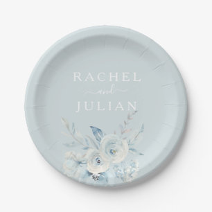 Prato De Papel casamento floral elegante azul-aquarela