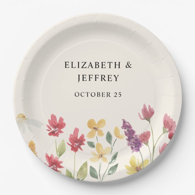 Prato De Papel Casamento Floral Elegante Boho Summer Wildflower (Frente)