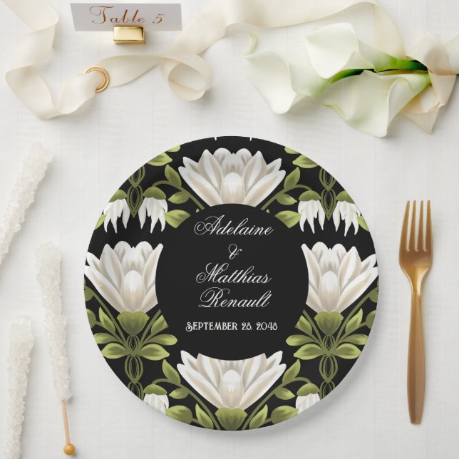 Prato De Papel Casamento Floral Elegante Preto e Branco: Caligraf (Casamento)