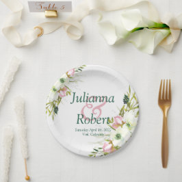 Prato De Papel Casamento floral em aquarela rosa e branco em pape