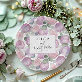 Prato De Papel Casamento Floral em Aquarela Roxo e Rosa Boho