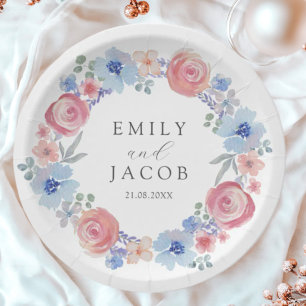 Prato De Papel Casamento Floral em Rosa e Azul com Aquarela Român