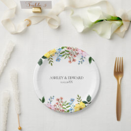 Prato De Papel Casamento Floral Moderno Amarelo Azul Rosa Primave
