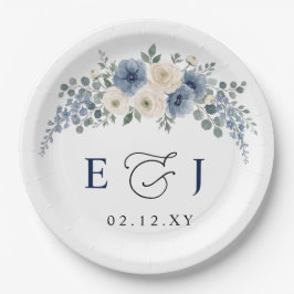 Prato De Papel Casamento Floral Moderno Azul Poeirento Marfim Beg