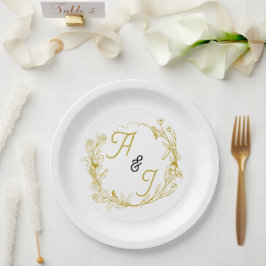 Prato De Papel Casamento Floral Ouro Editável 