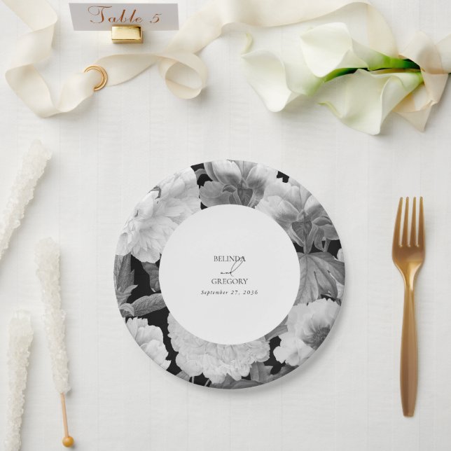 Prato De Papel Casamento Floral por Aquarela de Peões Pretos e Br (Casamento)