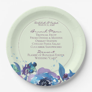 Prato De Papel Casamento Floral Profundo de Azul Roxo-Sangrento