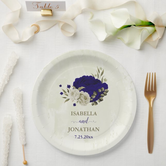 Prato De Papel Casamento floral real de bege azul (Casamento)