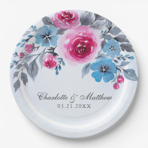 Prato De Papel Casamento Floral Romântico Blue Watercolor