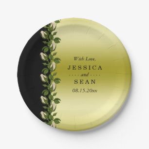 Prato De Papel Casamento Floral Romântico Chic Dourado e Preto