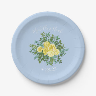 Prato De Papel Casamento Floral Rosa Azul Claro Amarelo e Pálido
