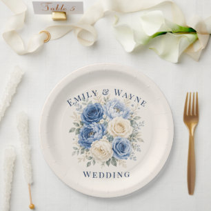 Prato De Papel Casamento Floral Rosa Azul e Creme