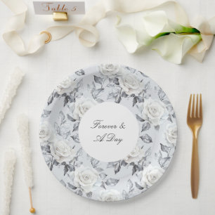 Prato De Papel Casamento Floral Rosa Branca de Cinza Romântica