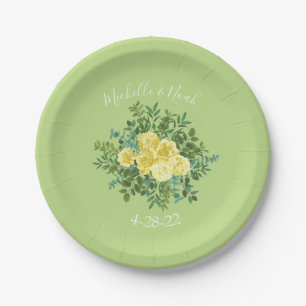 Prato De Papel Casamento Floral Rosa Verde Amarelo-Claro