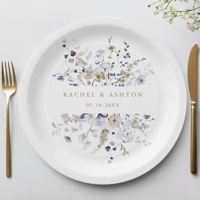 Prato De Papel Casamento Floral Roxo Branco Dourado Romântico (Criador carregado)