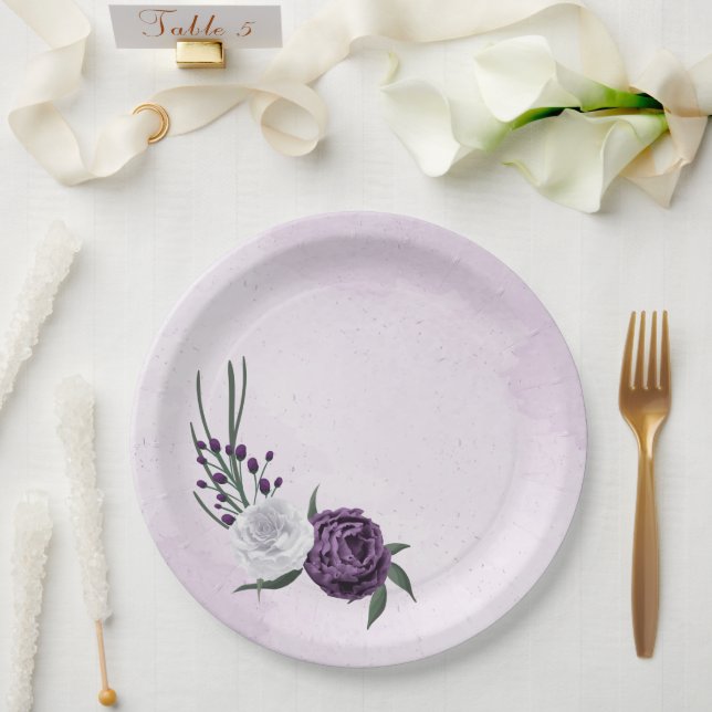 Prato De Papel casamento floral roxo e branco (Casamento)