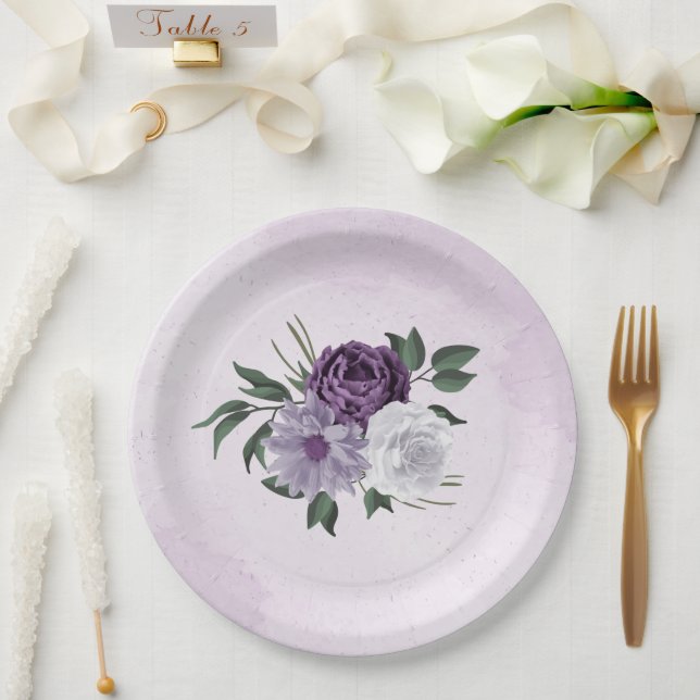 Prato De Papel casamento floral roxo e branco (Casamento)