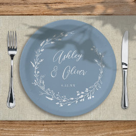 Prato De Papel Casamento Floral Rustic Boho Dusty Blue