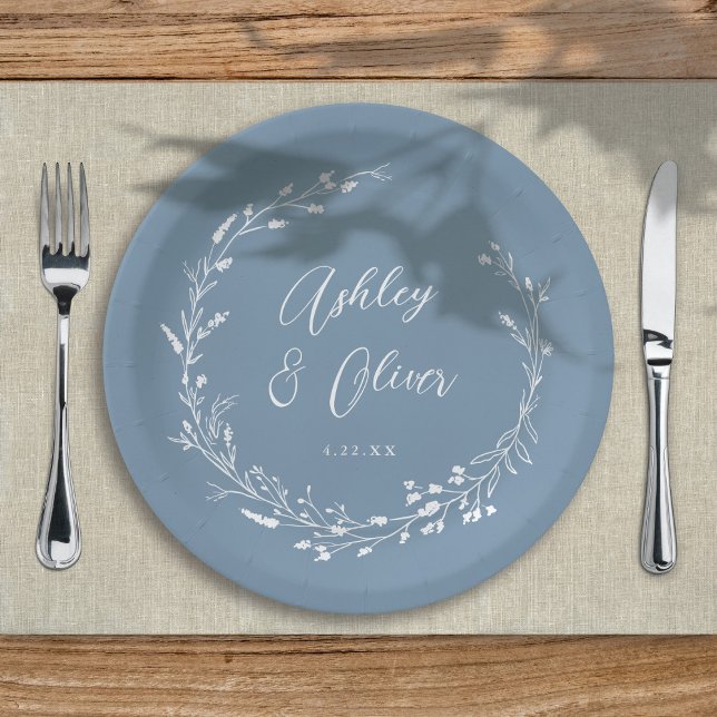 Prato De Papel Casamento Floral Rustic Boho Dusty Blue (Criador carregado)