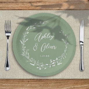 Prato De Papel Casamento Floral Rustic Boho Sage Green