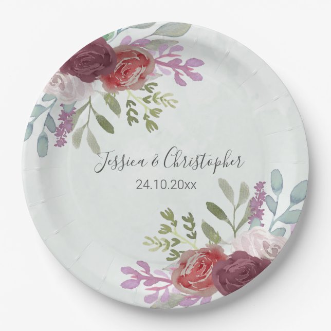 Prato De Papel Casamento Floral Rustic Burgundy Watercolor (Frente)