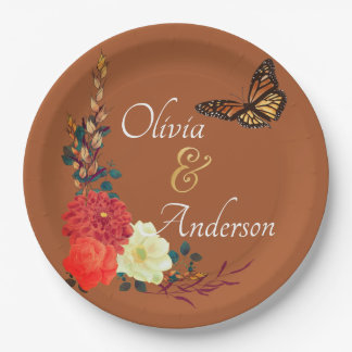 Prato De Papel Casamento Floral Terracotta com Borboleta Monarch