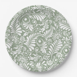 Prato De Papel Casamento Floral Verde de Swirl Sage Ornamentado E