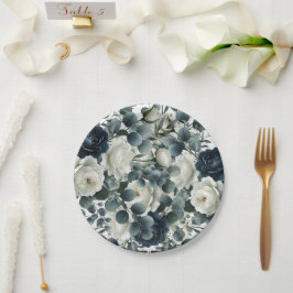 Prato De Papel Casamento Floral Verde Moderno Azul Escuro e Branc