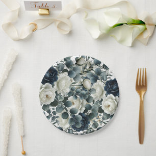 Prato De Papel Casamento Floral Verde Moderno Azul Escuro e Branc