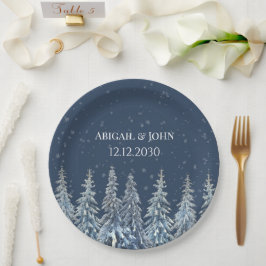 Prato De Papel Casamento Floresta de Inverno Rústico Azul Marinho
