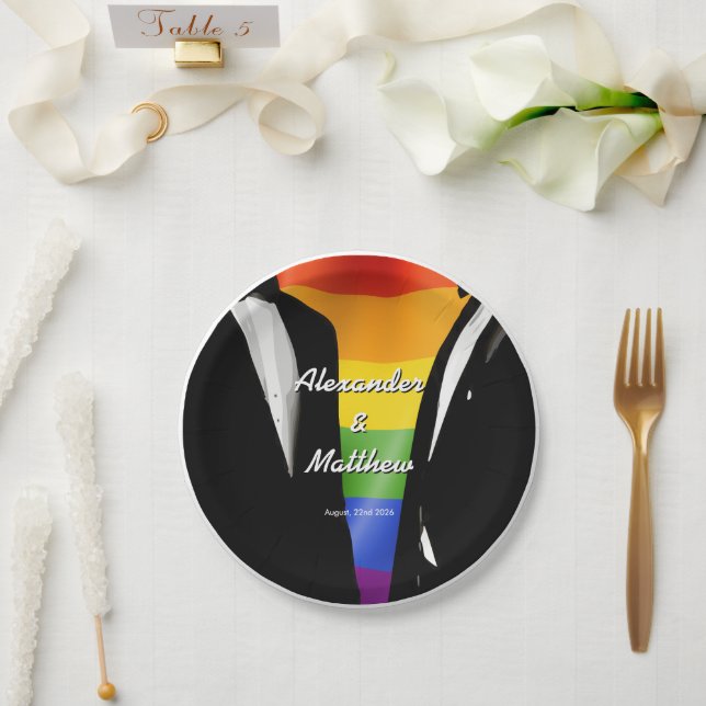 Prato De Papel Casamento Gay Moderno Elegante Arco-íris de Homens (Casamento)