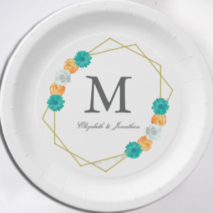Prato De Papel Casamento Geométrico Laranja Teal Floral