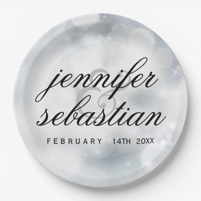 Prato De Papel Casamento Glamoroso Prata Bokeh Monograma Luz (Frente)