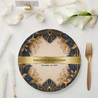 Prato De Papel Casamento jantar art déco dourado marinho gatsby