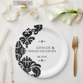 Prato De Papel Casamento Luxuoso Rústico Preto Damask Vintage