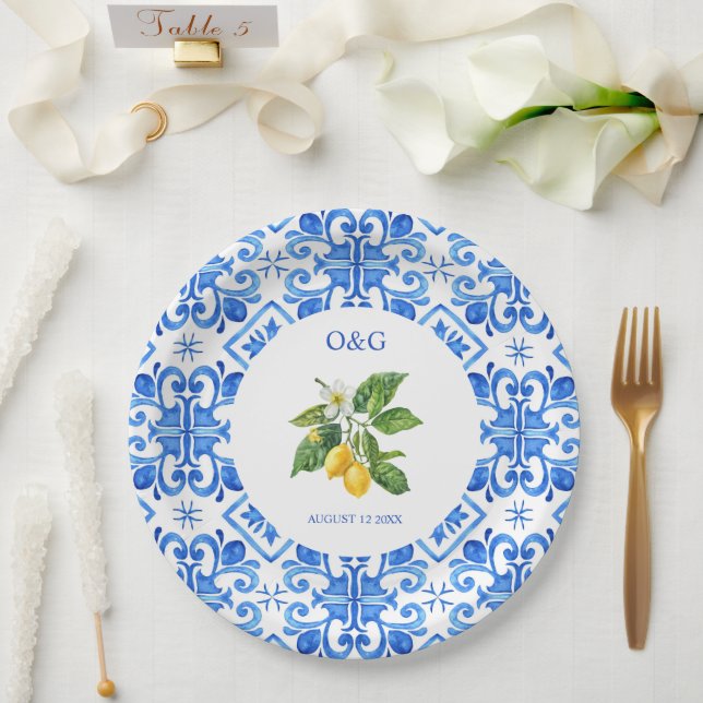 Prato De Papel Casamento mediterrânico de azulejos azuis e limões (Casamento)