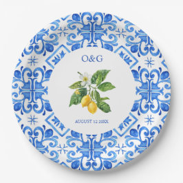 Prato De Papel Casamento mediterrânico de azulejos azuis e limões